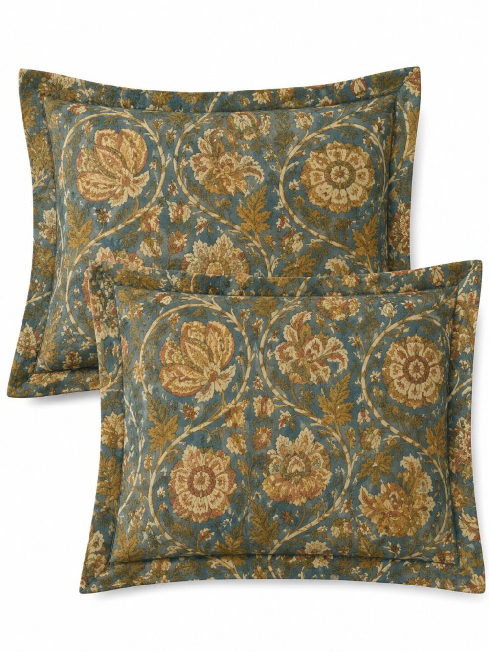 Pottery Barn Penelope Kalamkari Floral Standard Pillow Covers Blue Mustard Set 2
